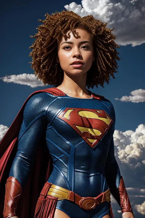 (icespice), orange afro, very curly hair, brown eyes, (supermansuit, blue bodysuit, cape),(blue sky background, clouds), (realistic:1.2), (masterpiece:1.2), (full-body-shot:1),(Cowboy-shot:1.2), neon lighting, dark romantic lighting, (highly detailed:1.2),(detailed face:1.2), (gradients), colorful, detailed eyes, (natural lighting:1.2), (dynamic pose:1.2), (solo, one person:1.5),<lora:icespicev02-000005:1> <lora:attire_superman-11:0.5>