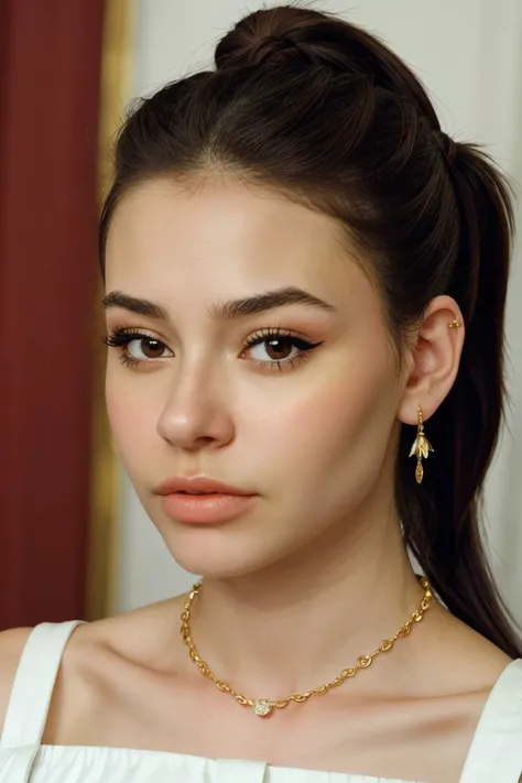 realistic photo of <lora:sd15_LeaEluiGinet_locon_64_v1:1> LeaEluiGinet, focus on eyes, close up on face, pouting, wearing jewelry, hair styled as knotted ponytail,