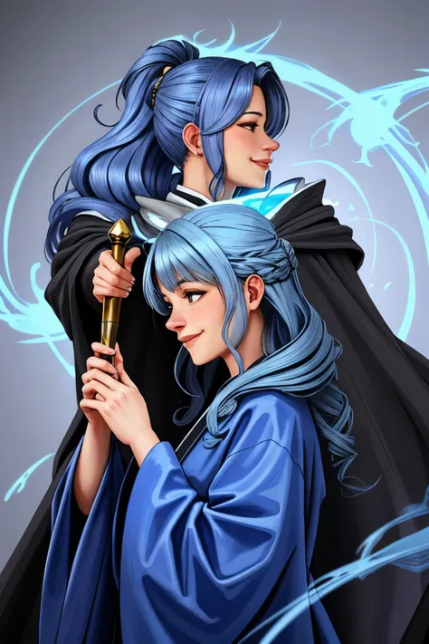 headshot of realistic photo of <lora:sd15_LeaEluiGinet_locon_64_v1:1> LeaEluiGinet, focus on smiling face, side view wearing a mage robe , her light steel blue hair is styled as Soft Curls with Bangs,