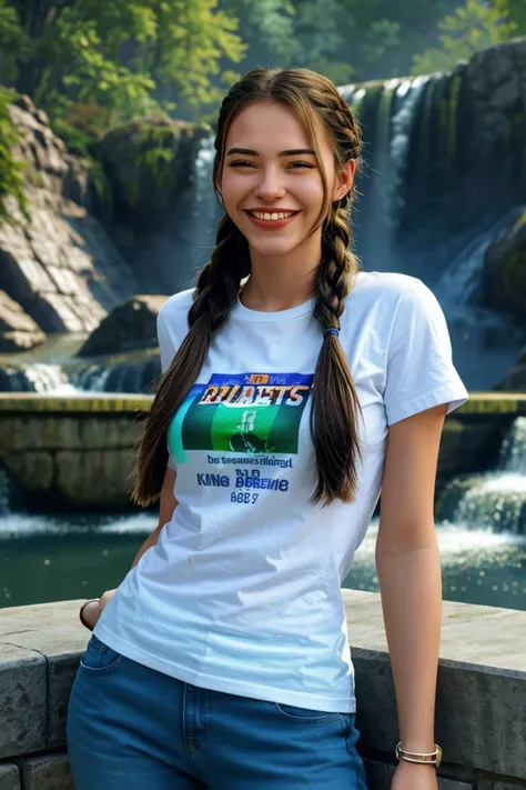 professional 3d model, octane render, highly detailed, volumetric, dramatic lighting, headshot of realistic photo of <lora:sd15_LeaEluiGinet_locon_64_v1:1> LeaEluiGinet, focus on smiling face, wearing a tshirt and jeans , her hair is styled as Straight Waterfall Braid,