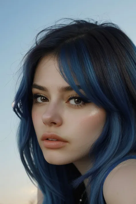 realistic photo of <lora:sd15_LeaEluiGinet_locon_64_v1:1> LeaEluiGinet, focus on eyes, close up on face, pouting, wearing jewelry, olympic blue color hair styled as layered hair, chiaroscuro