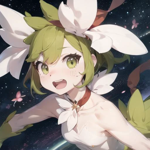 masterpiece,best_quality shaymin,  pokemon (creature), happy, solo,  green eyes, beautiful fields, flower crown,  heavy shading, cinematic shading, galaxy eyes, beautiful details, <lora:Shaymin:0.7>