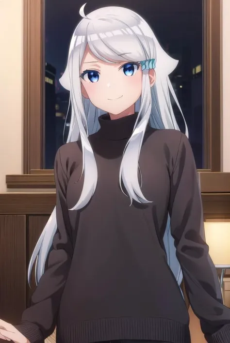 nayutakani, <lora:nayuta kani s1-lora-nochekaiser:1>,
nayuta kani, long hair, blue eyes, white hair, hair ornament, ahoge, scrunchie, hair scrunchie, blue scrunchie, smile, blush, smug,
BREAK sweater, long sleeves, ribbon,
BREAK indoors,
BREAK looking at viewer, (cowboy shot:1.5),
BREAK <lyco:GoodHands-beta2:1>, (masterpiece:1.2), best quality, high resolution, unity 8k wallpaper, (illustration:0.8), (beautiful detailed eyes:1.6), extremely detailed face, perfect lighting, extremely detailed CG, (perfect hands, perfect anatomy),