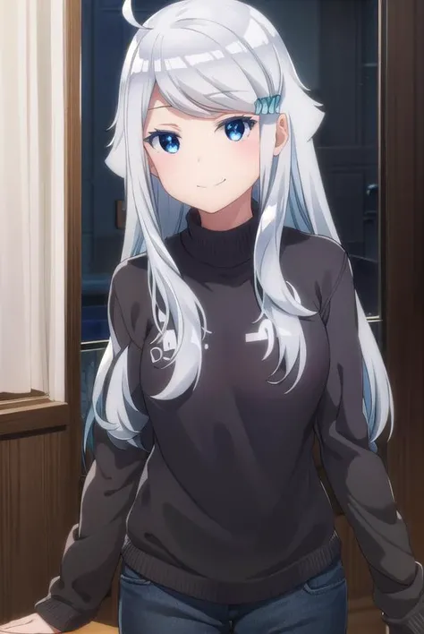 nayutakani, <lora:nayuta kani s1-lora-nochekaiser:1>,
nayuta kani, long hair, blue eyes, white hair, hair ornament, ahoge, scrunchie, hair scrunchie, blue scrunchie, smile, blush, smug,
BREAK sweater, long sleeves, ribbon,
BREAK indoors,
BREAK looking at viewer, (cowboy shot:1.5),
BREAK <lyco:GoodHands-beta2:1>, (masterpiece:1.2), best quality, high resolution, unity 8k wallpaper, (illustration:0.8), (beautiful detailed eyes:1.6), extremely detailed face, perfect lighting, extremely detailed CG, (perfect hands, perfect anatomy),