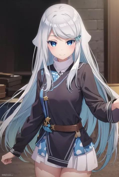 nayutakani, <lora:nayuta kani s1-lora-nochekaiser:1>,
nayuta kani, long hair, blue eyes, white hair, hair ornament, ahoge, scrunchie, hair scrunchie, blue scrunchie, smile, blush, smug,
BREAK sweater, long sleeves, ribbon,
BREAK indoors,
BREAK looking at viewer, (cowboy shot:1.5),
BREAK <lyco:GoodHands-beta2:1>, (masterpiece:1.2), best quality, high resolution, unity 8k wallpaper, (illustration:0.8), (beautiful detailed eyes:1.6), extremely detailed face, perfect lighting, extremely detailed CG, (perfect hands, perfect anatomy),