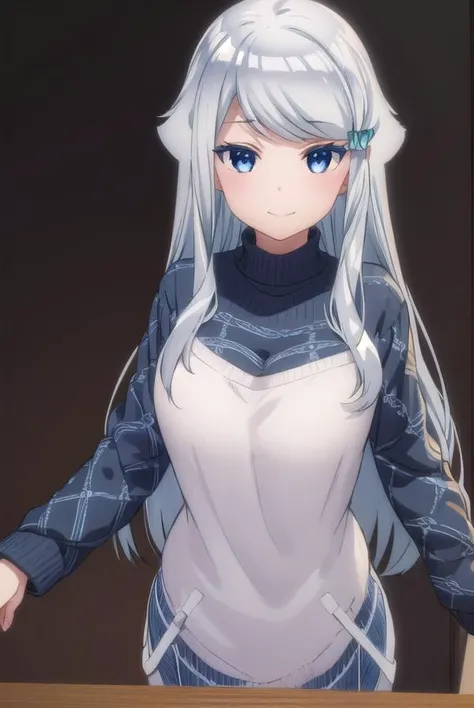nayutakani, <lora:nayuta kani s1-lora-nochekaiser:1>,
nayuta kani, long hair, blue eyes, white hair, hair ornament, ahoge, scrunchie, hair scrunchie, blue scrunchie, smile, blush, smug,
BREAK sweater, long sleeves, ribbon,
BREAK indoors,
BREAK looking at viewer, (cowboy shot:1.5),
BREAK <lyco:GoodHands-beta2:1>, (masterpiece:1.2), best quality, high resolution, unity 8k wallpaper, (illustration:0.8), (beautiful detailed eyes:1.6), extremely detailed face, perfect lighting, extremely detailed CG, (perfect hands, perfect anatomy),