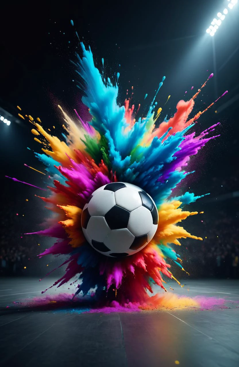 cinematic film still colorful explosion, color dispersion, colour splash, full colors hd, explosion of colors, colorful octane render, colorful hd picure, soccer, colourfull, an explosion of colors, colorful 4k, colorful picture, color explosion, explosive colors, color splash . shallow depth of field, vignette, highly detailed, high budget, bokeh, cinemascope, moody, epic, gorgeous, film grain, grainy