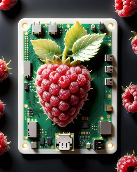 breathtaking <lora:DalE-3-FFusion1:1> Realistic art of a raspberry pi circuit board embedded within an actual raspberry fruit. The fruit's natural crevices and texture cleverly conceal the__ffusion23 . award-winning, professional, highly detailed