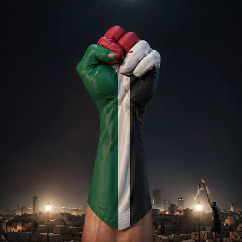 realistic,highres,reality,creative,huge filesize, <lora:PalestineFlagSdxl:1>, Palestine flag  with a fist in the middle of it,free palestine night, shadows, cinematic, trending on Artstation,8k
