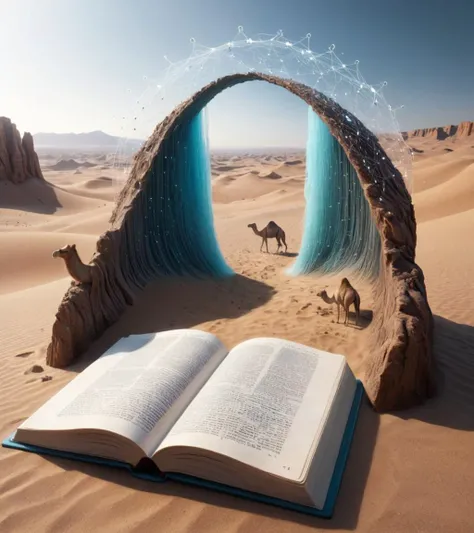 Collage style <lora:Dalle3mixLoha:1>,"an open book with desert landscapes and camels, fantasy book illustration, detailed book illustration, fantasy book, detailed painting of dune movie, with one vintage book on a table, an open book, fantasy book cover painting, epic biblical depiction, bible illustration, 3d grainy aesthetic illustration, fantasy book cover, stunning detailed picture, story book design, a book" 4K digital render of a software development environment. Floating holographic screens show lines of code, debugging logs, and application designs. Virtual reality headsets and augmented reality glasses are strewn about, and the atmosphere pulses with creativity and innovation. . Mixed media, layered, textural, detailed, artistic