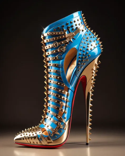 Hyperrealistic art (Ultrarealistic:1.3) <lora:LatexID_-_Ai_Heels:1> christian louboutin spiked heels, high heels, heavy metal rave shoes, stilettos, accented in bright metallic gold, spikes, spiked, heels, long metal spikes, long spikes, ornate spikes, high shoes, thin spikes, detailed legs towering over you, high heels boots, high heels. silk, heels on her feet, golden details! . Extremely high-resolution details, photographic, realism pushed to extreme, fine texture, incredibly lifelike