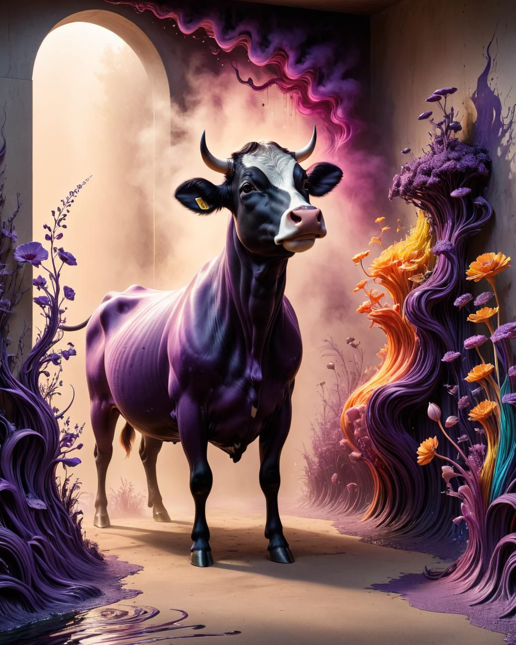professional 3d model <lora:FF-Style-James_Gilleard:0.5> James Gilleard, Scratchboard, sfumato, Beautifully Lit, Purple and Rainbow hue, fairy tale, Duckcore, full of color, recycled art, Fine Art Etching, Beige ([Horse:Cow:1]:1.3) with Loathsome parts, it is Enchanted, <lora:FF-Style-ESAO-Andrews-LoRA:0.22> esao andrews art <lora:FF-Style-Edvard-Munch-32:0.5> a colorful abstract wall mural in a room, abstract 3 d artwork, 3d digital art 4k, intricate flowing paint, surreal colors, surreal design, 3d abstract render overlayed, digital artwork 4 k, abstract 3d rendering, detailed digital 3d art, 8k stunning artwork, 4k highly detailed digital art, digital art 4k . octane render, highly detailed, volumetric, dramatic lighting