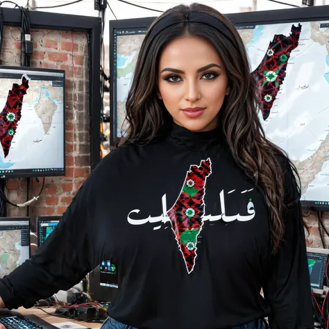 realistic,highres,reality,creative,huge filesize, <lora:PalestineFlagSdxl:1>, woman wearing a black shirt with palestine map design multiple Arab people:1, mixed media, wires, cables, lenses, gears, led displays, UI concept art:3,8k