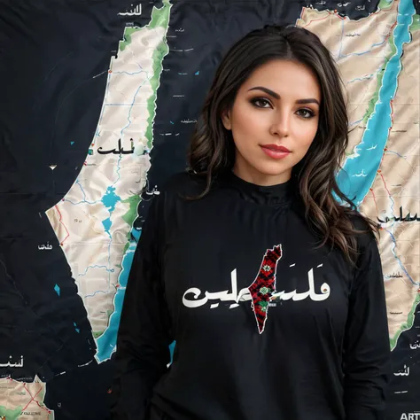 realistic,highres,reality,creative,huge filesize, <lora:PalestineFlagSdxl:1>, woman wearing a black shirt with palestine map design 3D render, Octane render, Render, Render, Render, Render, Render, multiplicated render, multiplex, Scene, Render, multiplex by artist Artgerm, Greg rutkowski, Alphonse Mucha