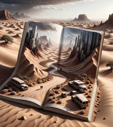 Dystopian style <lora:FF-Style-Dall-e-FFusion-Surrealism:1> a book with a desert scene on it, detailed book illustration, somewhere in sands of the desert, sand desert fantasy, beeple and jean giraud, hyperrealistic illustration, 3 d epic illustrations, book illustration, photorealistic illustration, intricate and epic composition, arabian art, illustration matte painting, beautiful photorealistic imagery, the sands of time, intricate matte painting . Bleak, post-apocalyptic, somber, dramatic, highly detailed