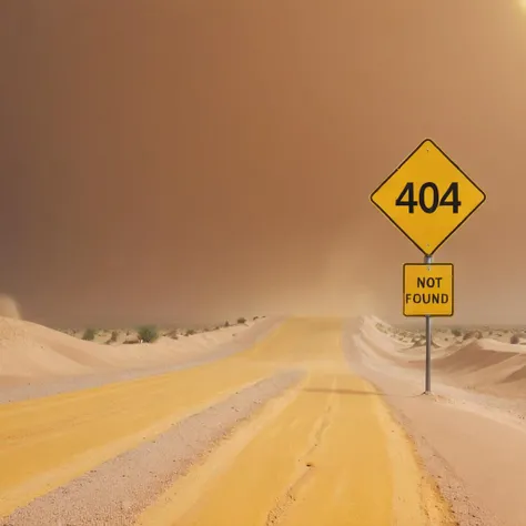 highest quality,desert road,in a sandstorm, standing yellow road sign with text ("404 not found"), 8k, raytracing