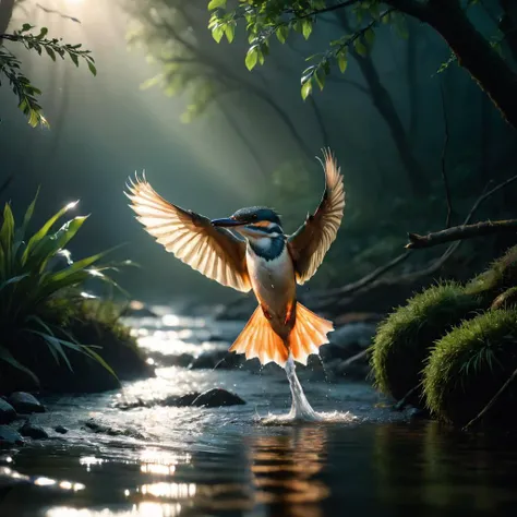 cinematic photo ultra detailed, close up,a king fisher flying in stream landscape, hunting for fishes in the stream, dimmed light is shining through the trees, light fog is rising from the ground . 35mm photograph, film, bokeh, professional, 4k, highly detailed
