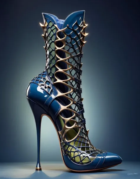 Surrealist art <lora:LatexID_-_Ai_Heels:1>Stiletto design showcase, blurry background, Extremely high-resolution details, photographic, realism pushed to extreme, fine texture, incredibly lifelike . Extremely high-resolution details, realism pushed to extreme, fine texture, incredibly lifelike, electric indigo and Teal neon hue, dynamic composition, two colors, Kawaii anime, Proud, MOBA style, Controversial (stylish shoe design:1.3) , wearing Unattractive Revealing fetish sexy boots and Hight heels, Navy Blue and Olive fractal art, stylish shoe design . Dreamlike, mysterious, provocative, symbolic, intricate, detailed