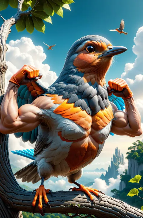 Surrealist art <lora:Dalle3mixLoha:1>, "a robin sits on a tree branch flexing its well-defined human biceps", with 3d rendering of a bird with hands instead of wings, ultra realistic 3d illustration, inspired by Igor Morski, intricate 3d illustration, but instead of flapping its wings it has (muscular human arms:1.2), crisp detailed 3 d render. Its wings, normally used for flight, now appear as powerful, sculpted arms with well-defined biceps. The robin's chest and arms puff out, emphasizing its muscles, like a bodybuilder. cinema 4d colorful render, an explosion of colors, splashes of neon clouds, colorful vivid octane render, surreal colors, color ink explosion, explosion of colors, colorful explosion, beautiful octane render, dmt imagery. octane render, surrealism 8k. Dreamlike, mysterious, provocative, symbolic, intricate, detailed