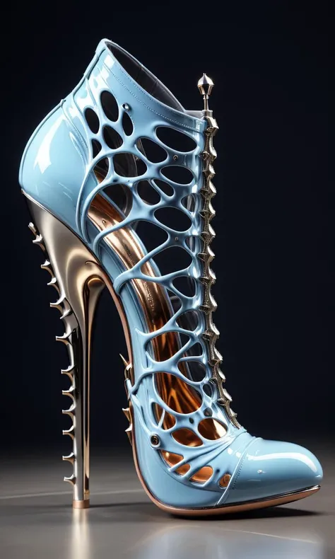 Surrealist art <lora:LatexID_-_Ai_Heels:1>Stiletto design showcase, blurry background, Extremely high-resolution details, photographic, realism pushed to extreme, fine texture, incredibly lifelike . Extremely high-resolution details, realism pushed to extreme, fine texture, incredibly lifelike, electric indigo and Teal neon hue, dynamic composition, two colors, Kawaii anime, Proud, MOBA style, Controversial (stylish shoe design:1.3) , wearing Unattractive Revealing fetish sexy boots and Hight heels, Navy Blue and Olive fractal art, stylish shoe design . Dreamlike, mysterious, provocative, symbolic, intricate, detailed
