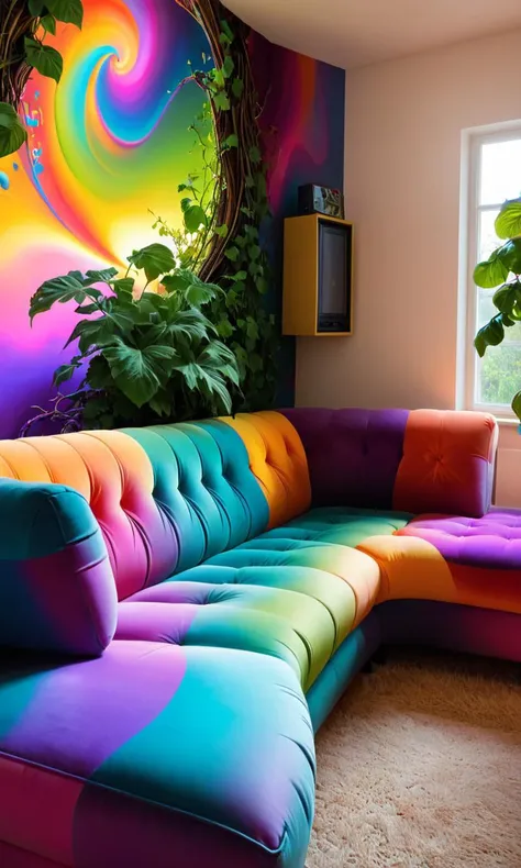 Psychedelic style <lora:FFusion Mix DataSet Stage o9 LORA FA:1>, art by Wolfgang Lettl,art by Albert Goodwin, Airbrush painting, Octane render, Raw digital photo, Corner sofa, made from Vine, hyper detailed, soft focus, Cel shaded, F/5 . Vibrant colors, swirling patterns, abstract forms, surreal, trippy