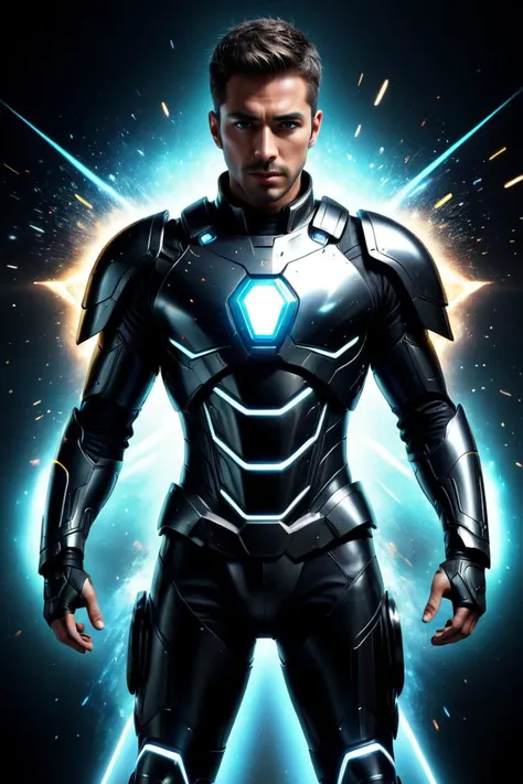 Dystopian style <lora:FFai.0018.Crystalclearxl_Ccxl.lora:1> (Ultrarealistic:2, a wide angle full body of a futuristic looking man in a scifi cinematic cover with armor suit with glowing eyes and a glowing chest and chest, with a black background of dark background and rainbow highlights and a black background and a dark background, with a dark, data fragments exploding in background, digital art,ultra-realistic smooth edges, ((antialiasing smooth edge quality:1.2)),anti-aliasing,MSAA,FXAA,TAA, explosion of data fragments, exploding background, 3d abstract render overlayed,,close portrait,(manga:1.3),beautiful,attractive,handsome,trending on ArtStation,DeviantArt contest winner,CGSociety,ultrafine,detailed,studio lighting . Bleak, post-apocalyptic, somber, dramatic, highly detailed