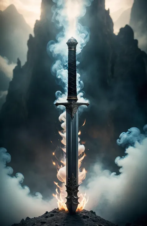cinematic film still A sword emitting an extraordinary amount of smoke, engulfing the surroundings in a mysterious and surreal haze. The smoke takes on unusual forms and shapes, creating a surreal visual effect. . shallow depth of field, vignette, highly detailed, high budget, bokeh, cinemascope, moody, epic, gorgeous, film grain, grainy
