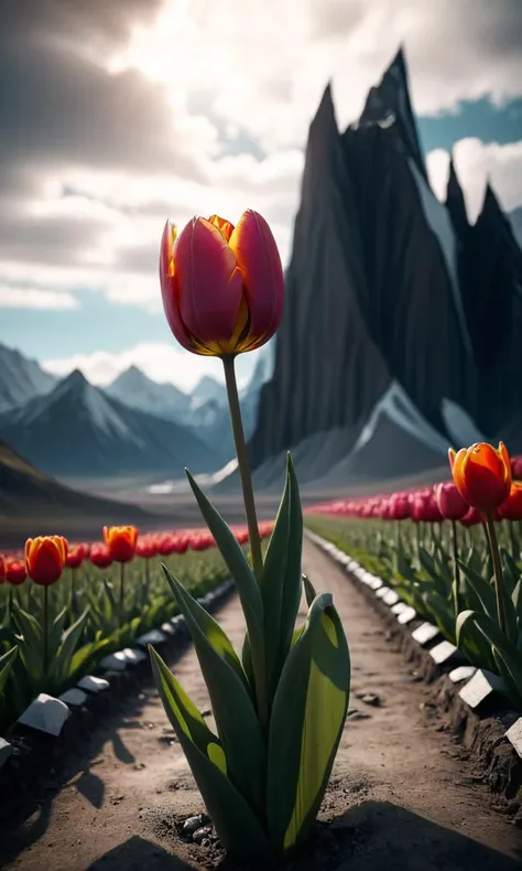 Dystopian style <lora:FFusion Mix DataSet Stage o9 LORA FA:1>, Renderman, Octane render, mountains with Tulip, Absurd "Love me tender, love me true.", Ultra Real, Metalcore, Selective focus, Bright design . Bleak, post-apocalyptic, somber, dramatic, highly detailed