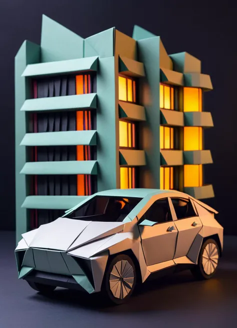 origami style Electric car, Grayscale, moody lighting, Cyborg Creepy Cuban Hotel, triadic colors, Black lighting, Methaphysical painting, One Color, <lora:FF-We-Are-Electric-XL-Cr2-v0564-FA:1> . paper art, pleated paper, folded, origami art, pleats, cut and fold, centered composition