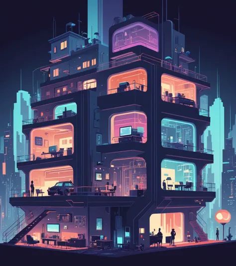 concept art <lora:FF-Style-James_Gilleard:1> in the style of James Gilleard a city scene with a lot of lights and buildings, atey ghailan 8 k, the cyberpunk apartment, inspired by Liam Wong, cyberpunk apartment, digital concept art illustration, inspired by Atey Ghailan, in style of atey ghailan, urban concept art, cyberpunk art style, digital painting concept art, cyberpunk atmosphere, 8k hd wallpaper digital art,(Technicolor:1.3) . digital artwork, illustrative, painterly, matte painting, highly detailed