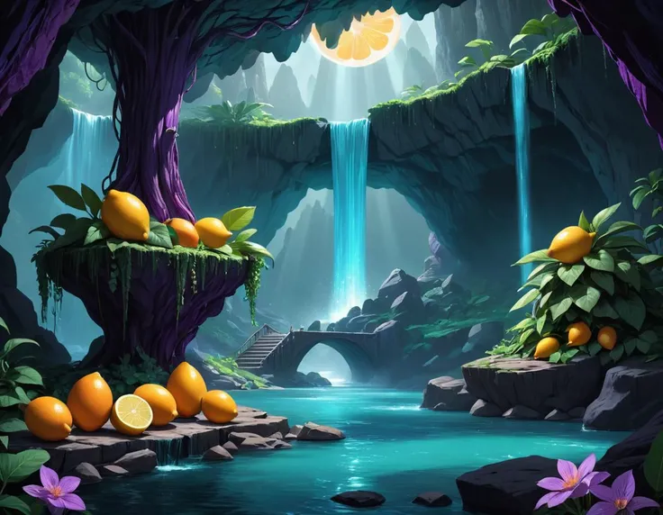 Architectural style (Cel shaded:1.3) <lora:FFai.0019.Deepbluexl_V006.lora:1> there is a cave with a bridge and a river in it, cave background, dark gloomy cave background, beautiful fantasy cave scene, magical cave, beautiful detailed pixel art, mystic dark cave, dan mumford. maya render, ancient cave, dark fantasy environment, cave setting, detailed digital 2d fantasy art, watery caverns, dan mumford. concept art, background artwork, scenery, no humans, water, night, nature, tree, moon, forest, outdoors, waterfall, cave, fantasy, rock, flower A glass goblet holds a magnificent beet juice, emitting a radiant glow, with a lemon perched atop the concoction. The scene transcends reality, as the liquid morphs into liquid purple metal, rendering an ultra-realistic 3D illustration. The vibrant colors of this fairy fruit capture the imagination, providing a surreal visual experience. The use of Octane Render technology enhances the surrealism, resulting in a mind-bending, hyperrealistic rendering that transports viewers into an otherworldly realm. The focus solely remains on the alluring food composition, set against a simple white background, creating a striking still life that seems almost tangible. a background, in herbs humans, background no flower, simple focus, middle the eggs, with white surface spoon grey on food fruit, leaf, plate flowers realistic, it life, plate, rest still orange food, (fruit), and of side,, no humans, still life, food, food focus, flower, simple background,(Cyan hue:1.3) . Clean lines, geometric shapes, minimalist, modern, architectural drawing, highly detailed