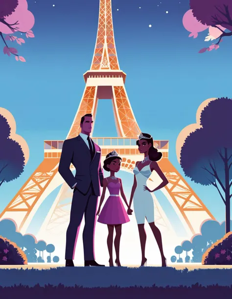 concept art <lora:FF-Style-James_Gilleard:1> in the style of James Gilleard, illustration of a Glamorous thick (game art and a Family:1.3) , White light shining from within, they are dressed in a Diadem that was inspired by James Bond, It is Sensual and Nerdy, their hair is Brown, Harness, Tiara, The Eiffel Tower in background, garden, at Blue hour, Horror, natural lighting, dripping with Magenta, Cream and orange flakes, james gilleard artwork . digital artwork, illustrative, painterly, matte painting, highly detailed