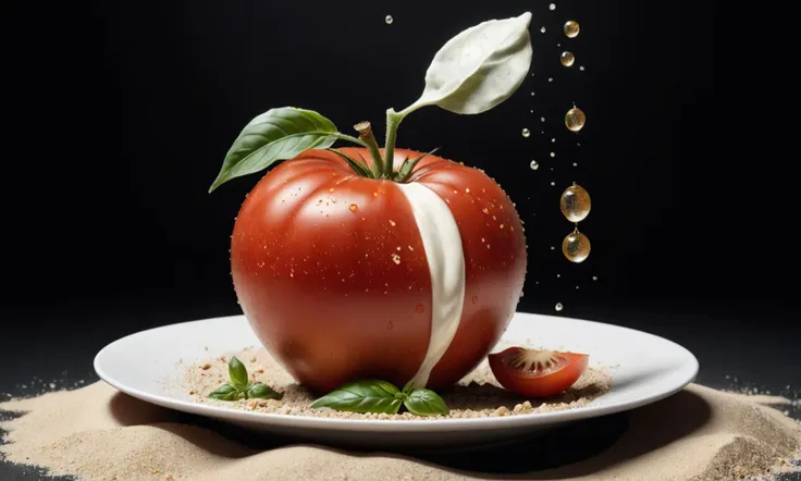 Monochrome araffe tomato and basil leaves falling into a plate with cream, culinary art photography, amazing food photography, tomato splatter, high quality food photography, professional food photography, 4k food photography, 4 k food photography, award winning food photography, hd food photography, food photography, food photography 4 k, mozzarella, mozzarella everywhere, food stylist, professional food photo, no humans, food, food focus, still life, tomato, leaf, water drop, fruit, black background, simple background, realistic, grey background Extremely high-resolution details, photographic, realism pushed to extreme, fine texture, incredibly lifelike realism pushed to extreme, fine texture, incredibly lifelike Extremely high-resolution details, realism pushed to extreme, fine texture, incredibly lifelike a black and gold apple sitting in the sand, fairy fruit. octane render, inspired by Hedi Xandt, surrealism 8k, 3d render digital art, stylized 3 d, satisfying render, super detailed render, 3 d render stylized, stylized 3d render, detailed digital 3d art, 8k high quality detailed art, blender art Retro-futuristic Cloud Coffeehouse . Black and white, contrast, tone, texture, detailed