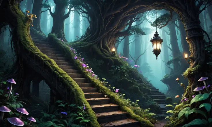 Gothic style a close up of a painting of a forest with a stairway, enchanted magical fantasy forest, magical fantasy forest, fantasy forest environment, enchanted and magic forest, beautiful detailed pixel art, dan mumford. maya render, dark fantasy forest, fantasy forest background, fantasy forest landscape, in a deep lush jungle at night, magical forest background, moonlit forest environment, fantasy magical vegetation, nature, forest, no humans, tree, scenery, flower, mushroom, stairs, plant, lantern, outdoors, moss, purple flower, dark Extremely high-resolution details, photographic, realism pushed to extreme, fine texture, incredibly lifelike realism pushed to extreme, fine texture, incredibly lifelike Extremely high-resolution details, realism pushed to extreme, fine texture, incredibly lifelike 1girl, solo, blonde_hair, hat, realistic, breasts, blue_eyes Custodial closet Portal to Starlit Utility . Dark, mysterious, haunting, dramatic, ornate, detailed