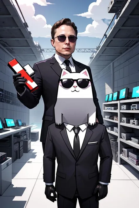 Dystopian style <lora:FF.93.pyrosNSFWSDXL_v013e6.lora:0.41> elon musk in minecraft, holding a snowboard, wearing a suit and glasses, room full of computers, holding a nintendo switch, holding a rocket, white block fence, sky and ocean background, riding a motorbike, wearing sunglasses, red white and black, style of pusheen. comic, black hair and white bangs, lots of signs and shops, thin straight purple lines <lora:FFai.0053.Shikianimexl_V10.lora:0.69> . Bleak, post-apocalyptic, somber, dramatic, highly detailed
