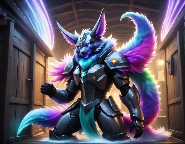 Long exposure photo of high quality game character digital design, [art by David LaChapelle,art by Hsiao-Ron Cheng::15], Unreal Engine, Water color painting, Mecha- Monstrous high quality game fantasy rpg character design, dark rainbow Fur Scarf, inside of a Superficial Outhouse, at Twilight, Overdetailed art, Amusing, Agfacolor . Blurred motion, streaks of light, surreal, dreamy, ghosting effect, highly detailed