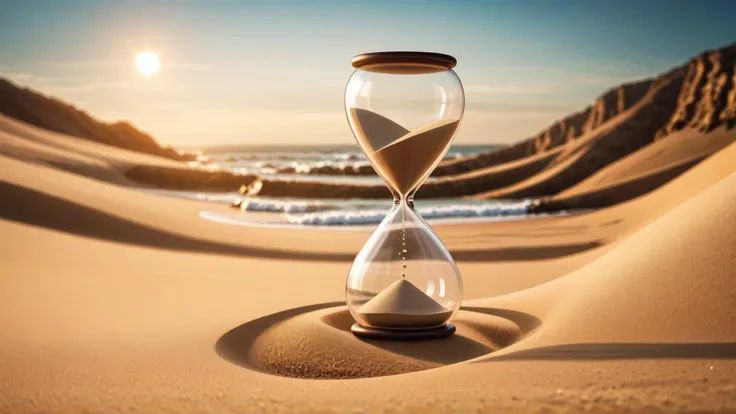 Create an image of an hourglass with its sand slipping through the narrow passage. The hourglass represents the fleeting nature of time and how it dictates the proper timing for every matter, even in the face of adversity.