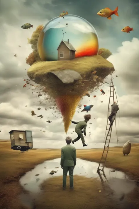 <lora:Erik Johansson Style:1>Erik Johansson Style - Create an image featuring the most bizarre and unconventional scene imaginable. Let your imagination run wild with this one. Combine unexpected elements, surreal landscapes, and unusual creatures. Play with colors, shapes, and perspectives to create a truly unique and mind-bending composition. Push the boundaries of reality and create an image that challenges the viewer's perception. The goal is to generate an image that is utterly strange, captivating, and leaves a lasting impression
