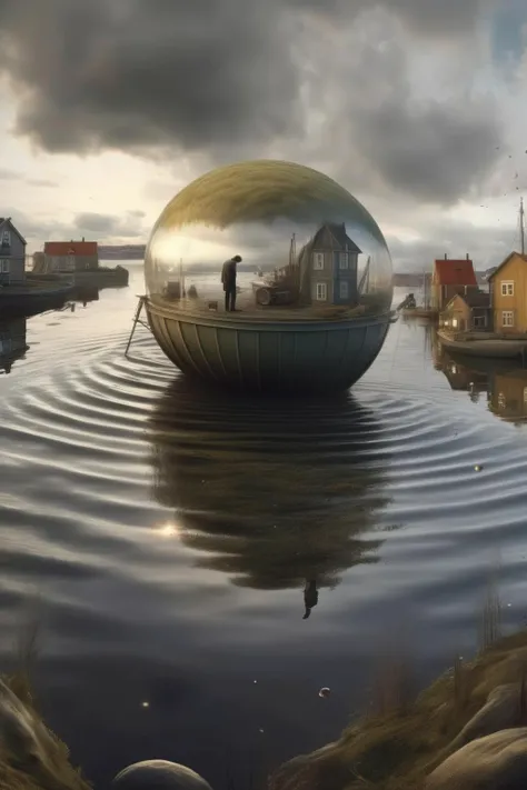 <lora:Erik Johansson Style:1>Erik Johansson Style - In the style of renowned surrealist photographer Erik Johansson, this ultra-realistic, dreamlike photograph paints an emotive story. A leviathan of the deep hovers mystically, merging with the familiar contours of a quiet harbor. This extraordinary clash of realms is set within an enchanting dusk, tinged with the ethereal hues of a monochrome color palette. The scene is charged with a palpable wonder, pulling viewers into an introspective journey where imagination and reality seamlessly blend. This dreamscape vision, captured in mesmerizing 8k detail, beckons to the boundless limits of the mind