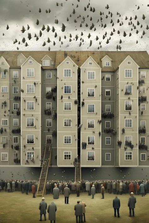 <lora:Erik Johansson Style:1>Erik Johansson Style - Erik Johansson photo of flying crowd on floating defying gravity houses full of windows doors and stairs to nowhere inspired by Magritte M. C. Escher, scifi movie directed by Emil Melmoth Beksinski Alexander McQueen Jean-Pierre Jeunet Gareth Pugh Almodovar Wes Anderson Giger Jodorowsky Villeneuve, visual paradoxes, impossible perspectives, spooky, nightmarish, sharp, insanely detailed, oppressive atmosphere, cinematic, 8K, 4K, UHD