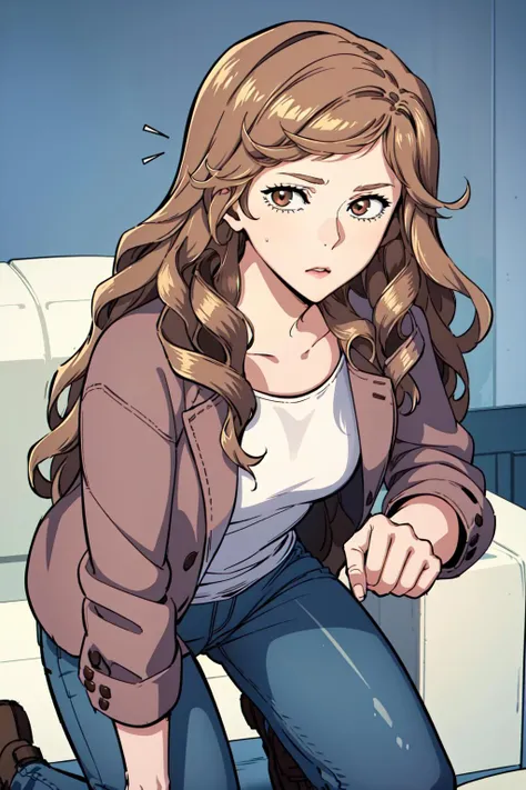 masterpiece, best quality, absurdres, perfect anatomy, Kneeling with one hand reaching forward, beautiful background, beautiful face, beautiful eyes, beautiful body, cha seoha, 1girl, solo, long hair, looking at viewer, brown hair, shirt, brown eyes, sitting, jacket, white shirt, wavy hair, jeans, flat shoes, <lora:ChaSeoha:0.8>