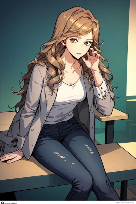 masterpiece, best quality, absurdres, perfect anatomy, Leaning on an invisible table, beautiful background, beautiful face, beautiful eyes, beautiful body, cha seoha, 1girl, solo, long hair, looking at viewer, brown hair, shirt, brown eyes, sitting, jacket, white shirt, wavy hair, jeans, flat shoes, <lora:ChaSeoha:0.8>