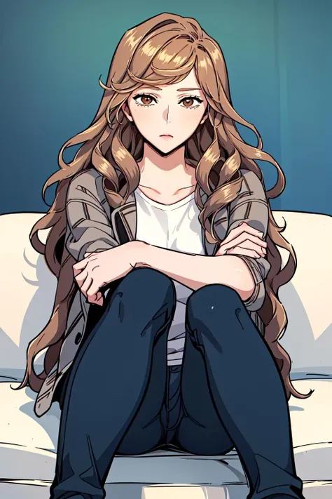 masterpiece, best quality, absurdres, perfect anatomy, Posing as if about to hug someone, beautiful background, beautiful face, beautiful eyes, beautiful body, cha seoha, 1girl, solo, long hair, looking at viewer, brown hair, shirt, brown eyes, sitting, jacket, white shirt,  wavy hair, jeans, flat shoes, <lora:ChaSeoha:0.8>