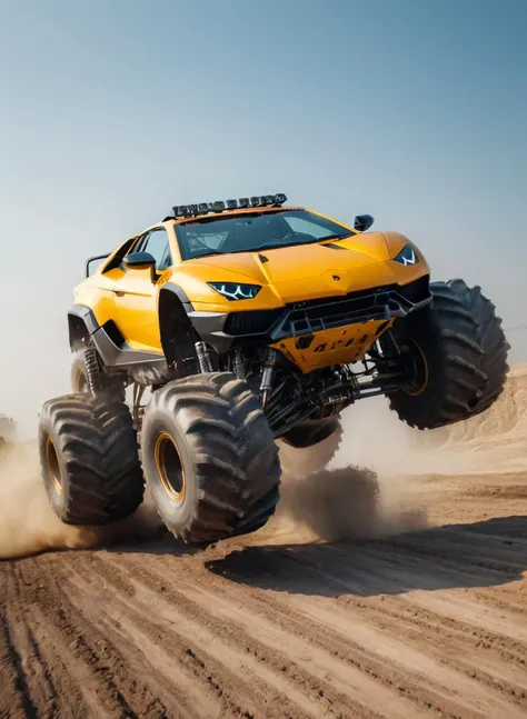 action photo lamborghini as a monster truck, bottom view, High detailed RAW color Photo, 8k  <lora:BasicMonsterTruckXL:0.4>  <lora:xl_more_art-full_v1:0.7>