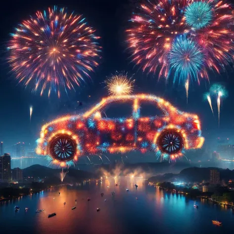 (masterpiece), frwks<lora:frwks:1>,car made out of fireworks, above water