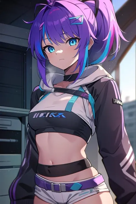 projektmelody, <lora:melodyv2-lora-nochekaiser:1>,
melody, hair ornament, multicolored hair, ponytail, purple hair, sidelocks, streaked hair, triangle hair ornament, two-tone hair, aqua eyes, (small breast:1.2),
BREAK ponytail, bandaid, bandaid on face, bandaid on nose, belt, black gloves, black leotard, blue belt, denim, denim shorts, fingerless gloves, gloves, hood, hood down, hooded jacket, jacket, leotard, purple belt, short shorts, shorts, white hood, white jacket, white shorts,
BREAK looking at viewer,
BREAK indoors,
BREAK <lyco:GoodHands-beta2:1>, (masterpiece:1.2), best quality, high resolution, unity 8k wallpaper, (illustration:0.8), (beautiful detailed eyes:1.6), extremely detailed face, perfect lighting, extremely detailed CG, (perfect hands, perfect anatomy),