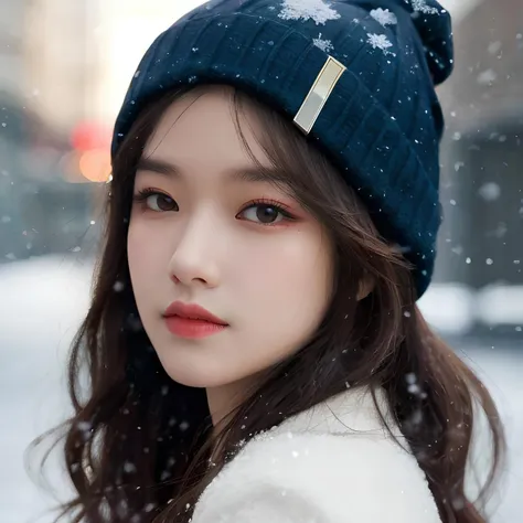 hyper realistic lifelike texture dramatic lighting unreal engine trending on art station, award winning photo, nikon RAW photo,8 k, Fujifilm XT3,masterpiece, best quality, realistic, photorealistic, ultra detailed, extremely detailed face, solo,1girl, standing, fashionable and trendy atmosphere, high-end makeup products, and a stylish expression on her face, snowing, wearing beanie,