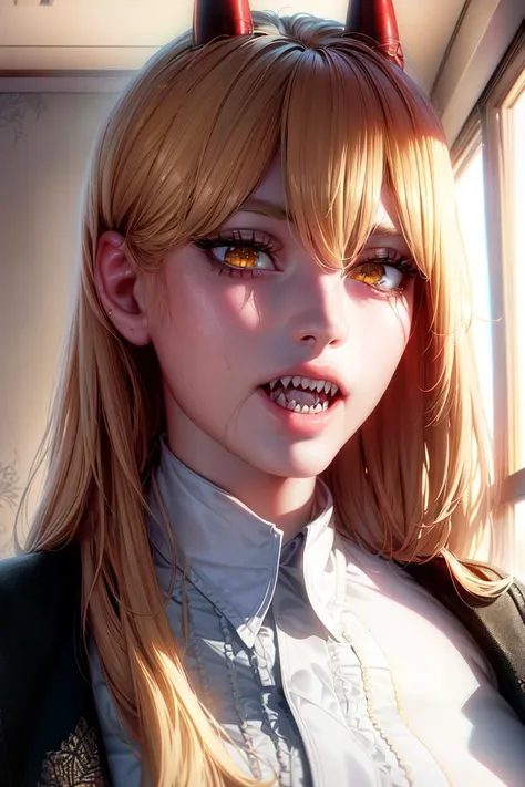 blonde hair, big red eyes, dark background, young girl, nude, screaming, angry, very young face, small, sexy, claws, fangs, vagina, small breasts