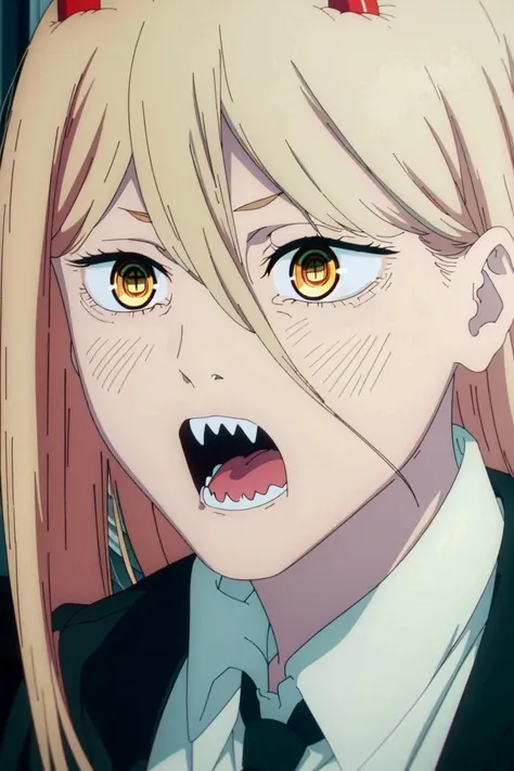 masterpiece, (ultra detailed background, delicate pattern, intricate detail), (highly detailed, fine details), best quality, beautiful lighting, csm anime style, PowerV2, 1girl, solo, long hair, blonde hair, red horns, cross-shaped pupils, (symbol-shapedpupils, hyperdetailed eyes, hyperdetailed pupils), yellow eyes, ((white shirt, collared shirt, black pants)), complex detailed background, inside, window, door, dark lighting, medium hair, business suit, suit, ((close-up, portrait)), open mouth, sharp teeth, constricted pupils, scared, crying, ((screaming)), <lora:csm_anime_style_offset:0.6>, <lora:PowerV2:0.85>, <lora:constricted_pupils_v0.2a:0.8>