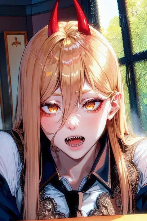 masterpiece, ((ultra detailed background, delicate pattern, intricate detail)), (highly detailed, fine details), best quality, Power, 1girl, horns, solo, teeth, sharp teeth, (hyperdetailed teeth, hyperdetailed mouth), long hair, yellow eyes, ((blonde hair)), red horns, jacket, (complex detailed background, inside, kitchen environment, room, open mouth, table, food, window, sunny, close-up, portrait), (((cross-shaped pupils, symbol-shaped pupils))), white shirt, pants, collared shirt, black necktie, blue jacket, <lora:DetailTweaker:0.5>, <lora:PowerFinal:0.8>